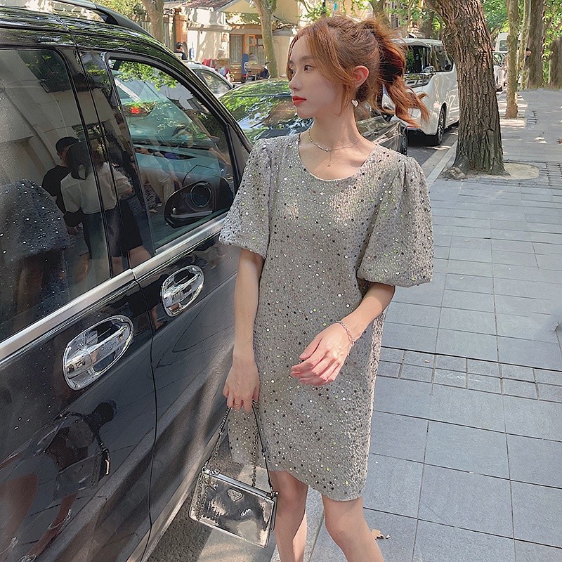 现货新款重工针织工艺亮片泡泡袖连衣裙P110K168,女装连衣裙,2C029