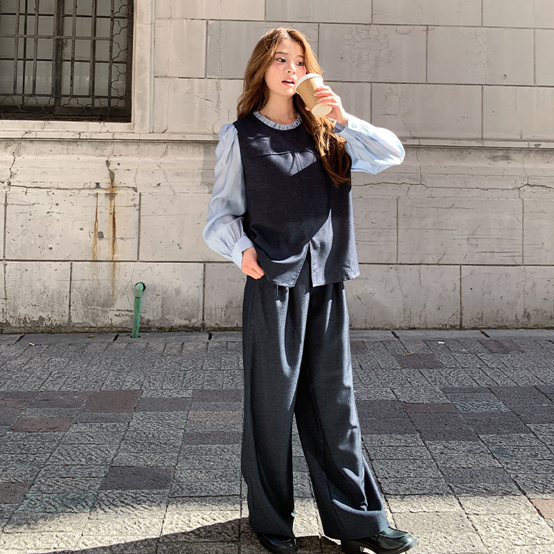 潮流时髦范休闲套装女2025年秋季新款假两件拼接上衣阔腿裤两件套,女装套装/套裙,2D036