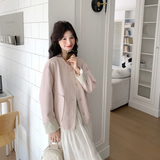 撞色拼接圆领粉色外套女春秋2025新款减龄甜美休闲高级感韩系上衣，女装短外套，2C266