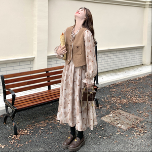 法式复古波点连衣裙套装女2025年秋季新款独特漂亮马甲长裙两件套图片