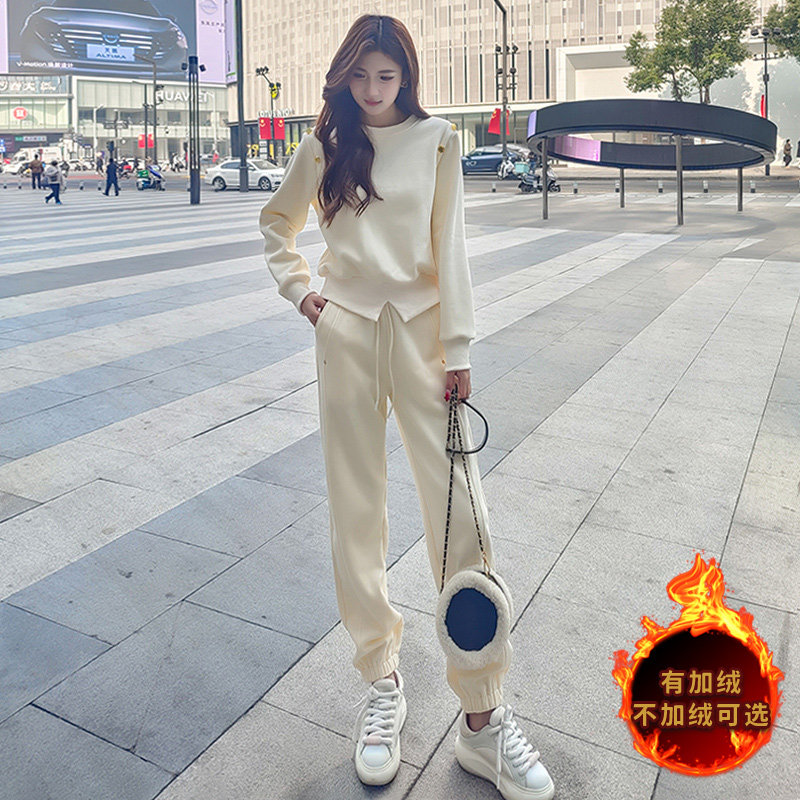 女春季新款韩系圆领订扣设计感卫衣束脚裤两件套,女装套装/套裙,2C310