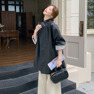 高级感单排扣皮衣风衣外套女2025秋季新款超火流行复古宽松大衣潮图片