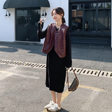 现货安哥拉红皮马甲+黑色连衣裙两件套2C206-L13-P175-K238，女装连衣裙，2C206