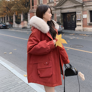 韩版加厚保暖毛领派克服棉衣女2025冬季新款显瘦加绒连帽工装棉服图片