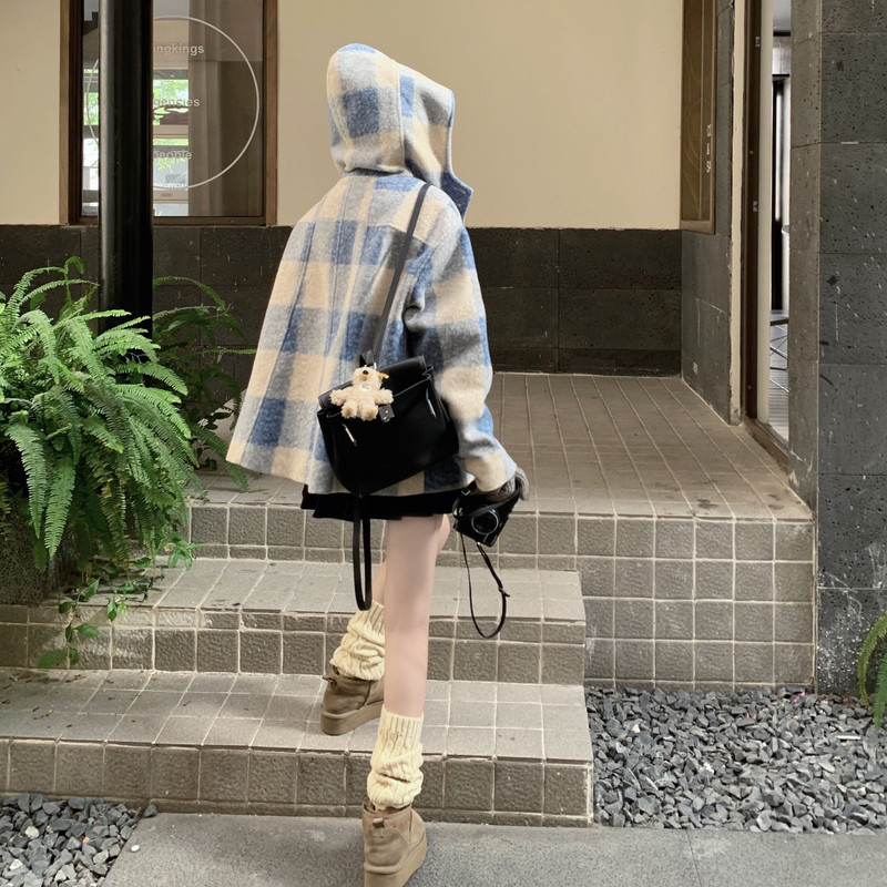 蓝色格纹拼接连帽圈圈毛呢大衣2025冬季日系新款甜美宽松chic外套,女装毛呢外套,2B222