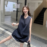 藏青色韩系休闲气质两件套女2025夏新款时尚无袖上衣显瘦短裙套装，女装套装/套裙，2C166