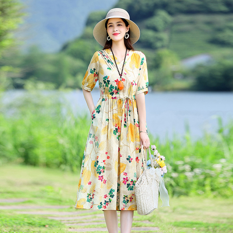 2025年夏季时尚印花收腰显瘦气质优雅潮流舒适连衣裙,女装连衣裙,锦绣伊人