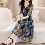 24夏V领修身显瘦网纱印花连衣裙8931P100，女装连衣裙，乐衣轩