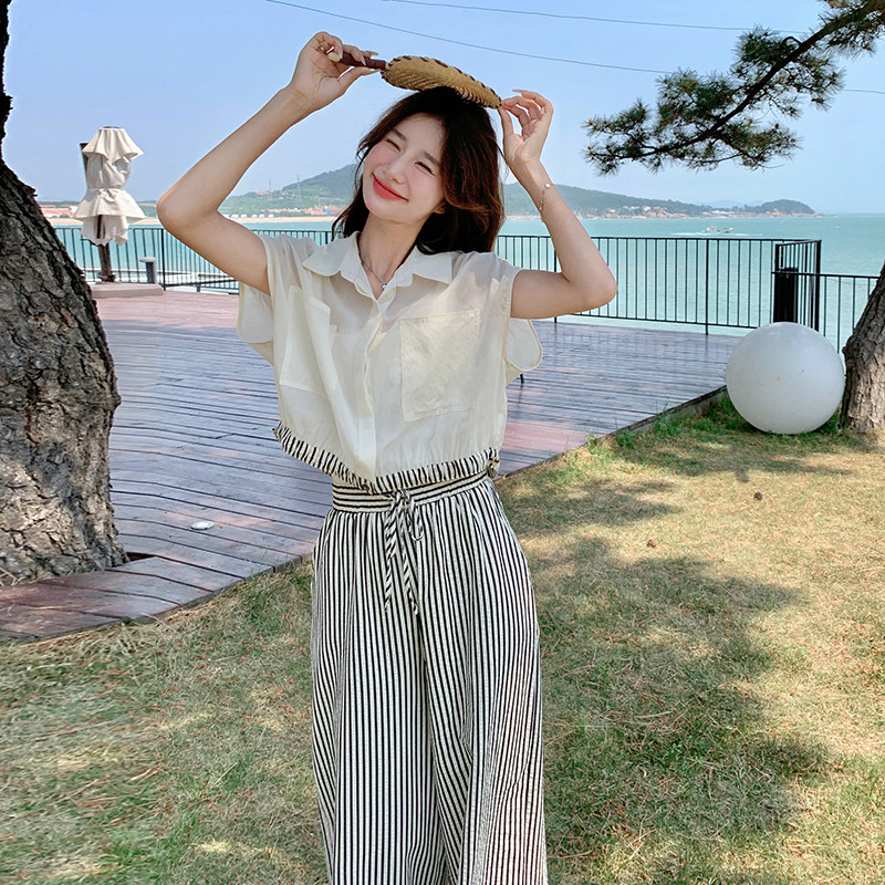 法式气质薄款衬衫马甲套装女2025夏季新款显瘦条纹阔腿长裤两件套,女装套装/套裙,2C135