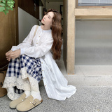 格子轻法式复古刺绣连衣裙套装女2026秋季新款蕾丝边阔腿裤两件套，女装套装/套裙，2C218
