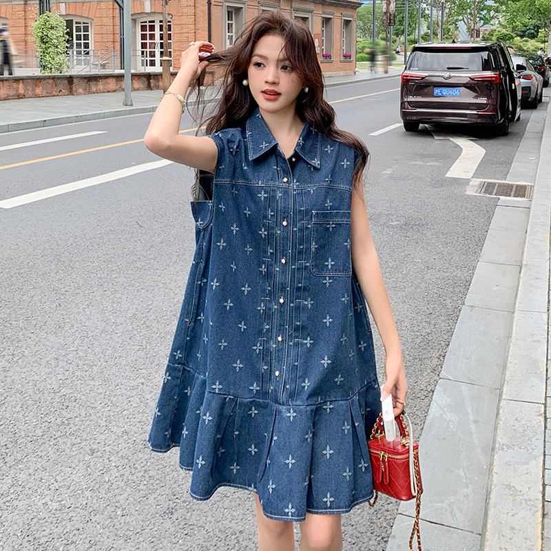 法式气质减龄印花牛仔连衣裙女2025夏季新款韩版宽松显瘦背心短裙,女装半身裙,2C112