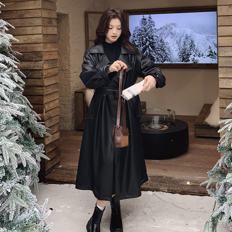 【现货发！黑骑士2.0双面穿】显瘦过膝皮衣高级感丝绒面料大衣,女装皮衣,2C238