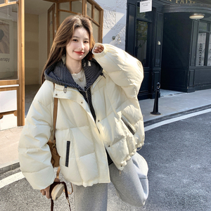 设计感假两件条纹连帽羽绒服女冬季宽松加厚面包服保暖外套图片