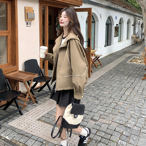 卡其色休闲连帽夹克外套女短款2025秋韩版设计感宽松运动工装上衣图片