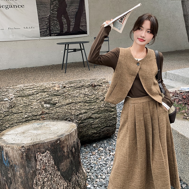 韩系显瘦小香风马甲套装裙女2025年春秋季新款高级感半身裙两件套图片