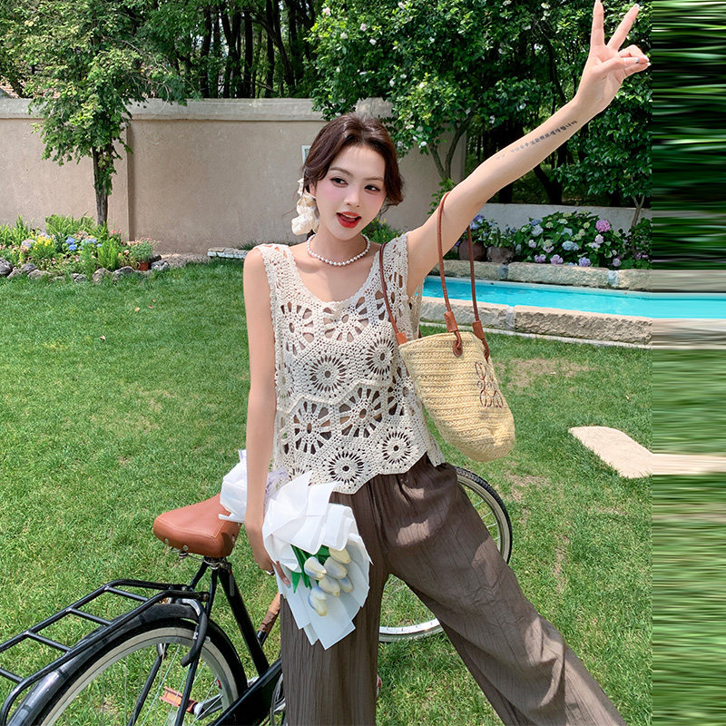 2025新款手工钩花镂空背心三件套,女装套装/套裙,1D066-1