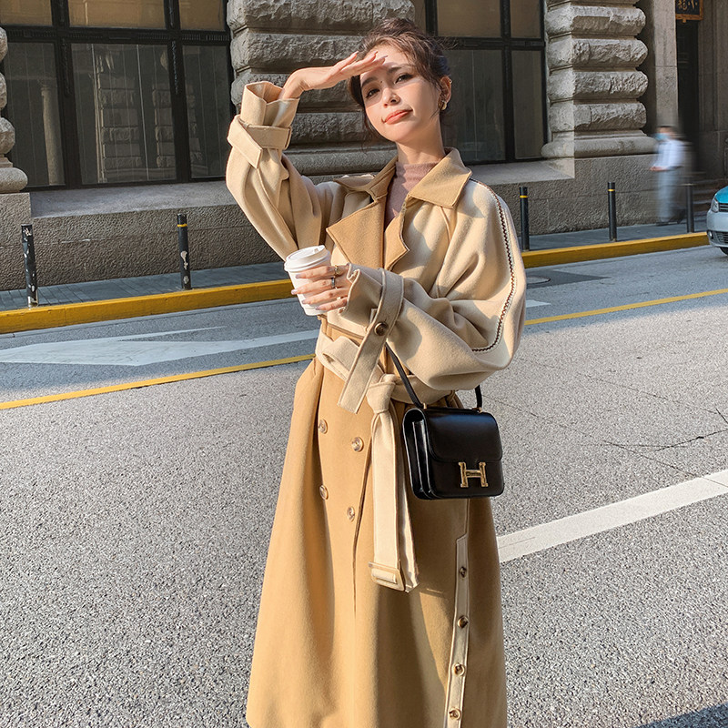 卡其色拼色双面羊绒大衣女秋冬新款韩系高级感中长款过膝毛呢外套图片