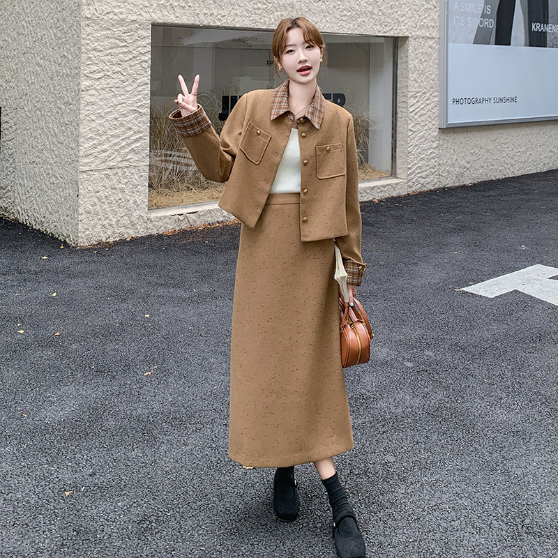 卡其色韩系小香风毛呢套装裙女春秋2025新款气质轻熟半身裙两件套,女装套装/套裙,2C166