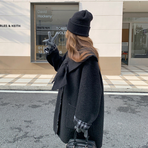 现货新款韩系格子披肩围巾双面羊绒大衣中长宽减龄羊毛呢外套图片