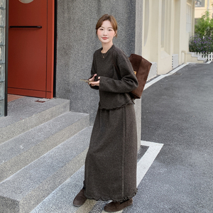 法式显瘦木耳边拼接套装女2025年秋冬季新款拼接卫衣半身裙两件套图片