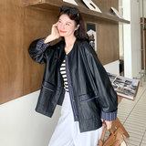 条纹拼接圆领黑色皮衣外套女春秋2025新款小个子流行爆款漂亮夹克，女装皮衣，2C275