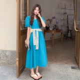 蕾丝披肩蓝色连衣裙女夏2025新款大方得体流行爆款超火长裙韩系，女装连衣裙，2C273