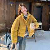 黄色牛角扣拼接羽绒服女2026新款短款小个子立领90绒加厚百搭外套，女装羽绒服，2C166