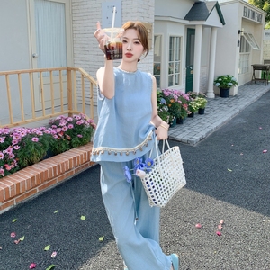 蓝色休闲松弛感套装女2025夏季新款气质时尚亮片背心阔腿裤两件套图片