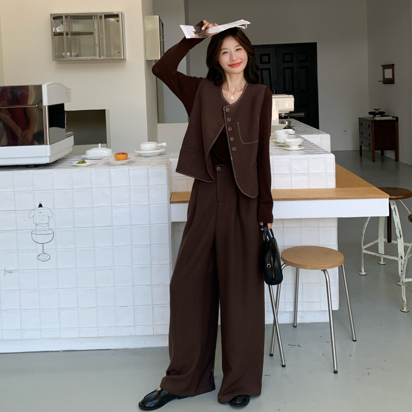 质感高级咖色西装马甲套装女2025春秋款时尚气质腰封阔腿裤三件套,女装套装/套裙,2C233