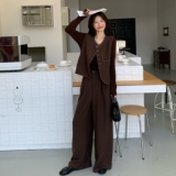 质感高级咖色西装马甲套装女2025春秋款时尚气质腰封阔腿裤三件套，女装套装/套裙，2C233