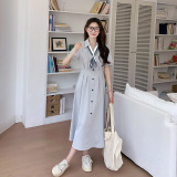 2025年新款韩版学院风polo领丝巾高腰显瘦连衣裙A字裙女，女装连衣裙，2C238