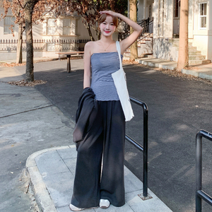 慵懒风宽松开衫条纹吊带休闲阔腿裤三件套女春秋新款松弛感穿搭潮图片