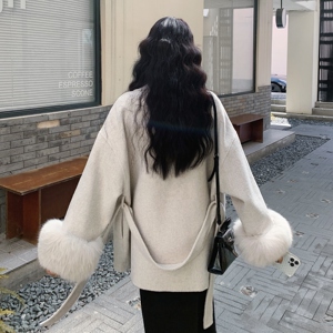 2025年冬季名媛风高级感双面呢外套气质蓬松毛毛袖口减龄毛呢外套图片