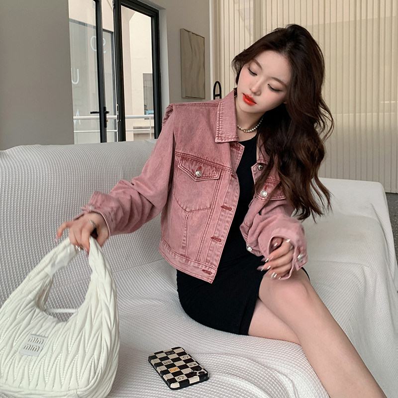 独特超好看粉色短款牛仔外套女春秋2025新款小众超火工装夹克上衣,女装短外套,2C122