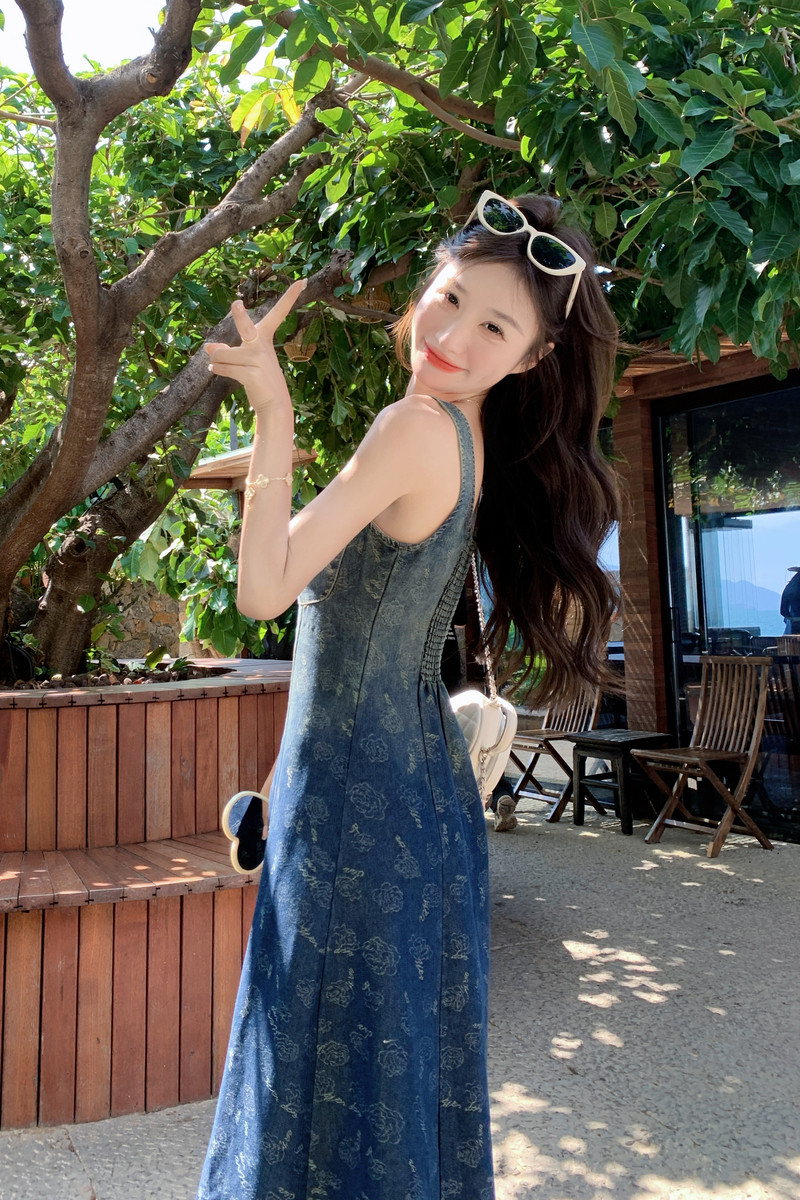 复古渐变牛仔印花背带裙女2025夏季时尚独特绝美减龄显瘦气质长裙,女装连衣裙,2C012