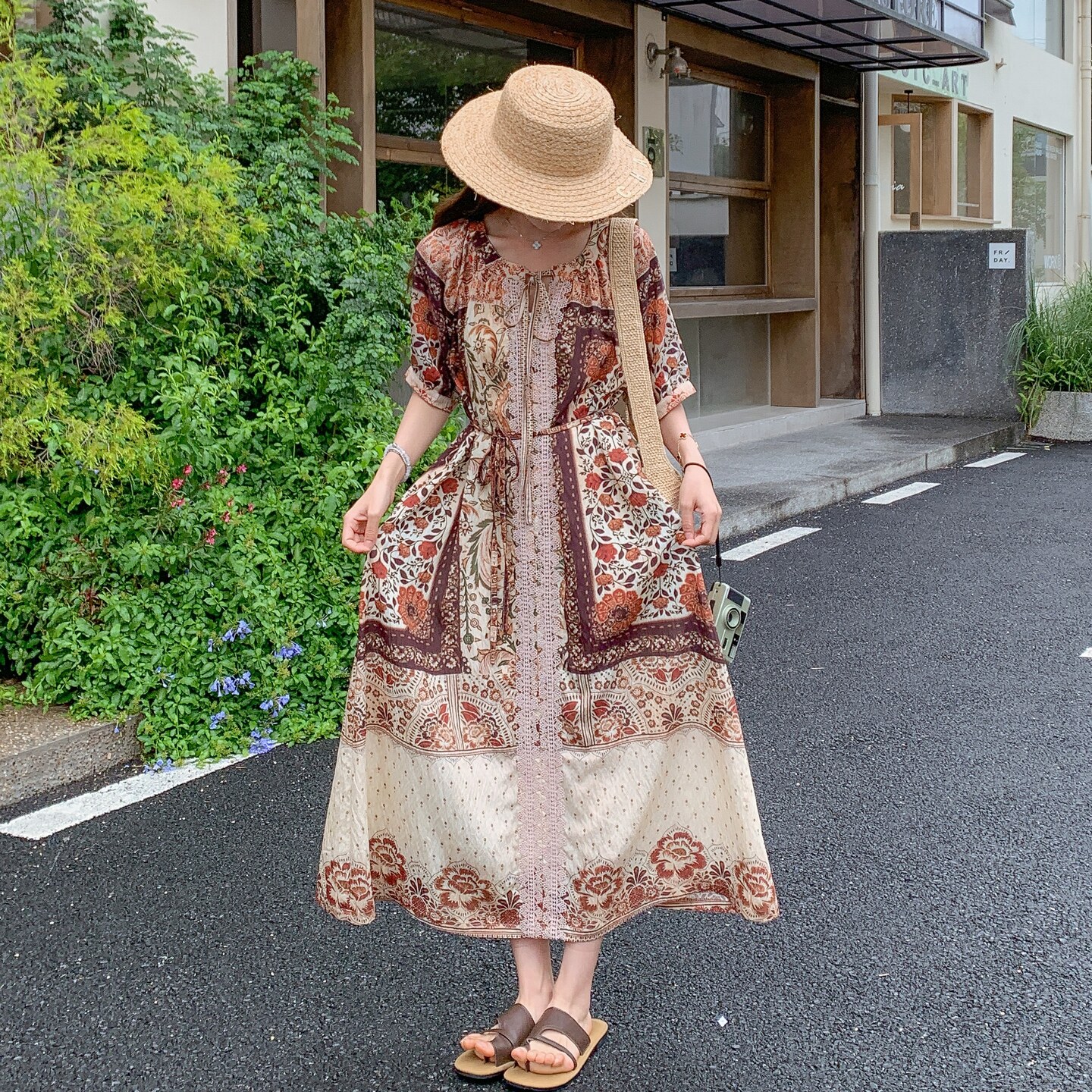 波西米亚民族风法式连衣裙女2025夏季新款海边度假风收腰印花长裙,女装连衣裙,2C321
