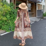 波西米亚民族风法式连衣裙女2025夏季新款海边度假风收腰印花长裙，女装连衣裙，2C321