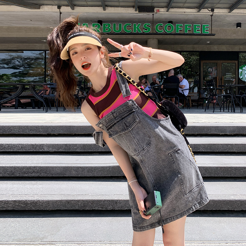 灰色牛仔背带连衣裙女2023夏季新款学院风小个子炸街高级裙子图片