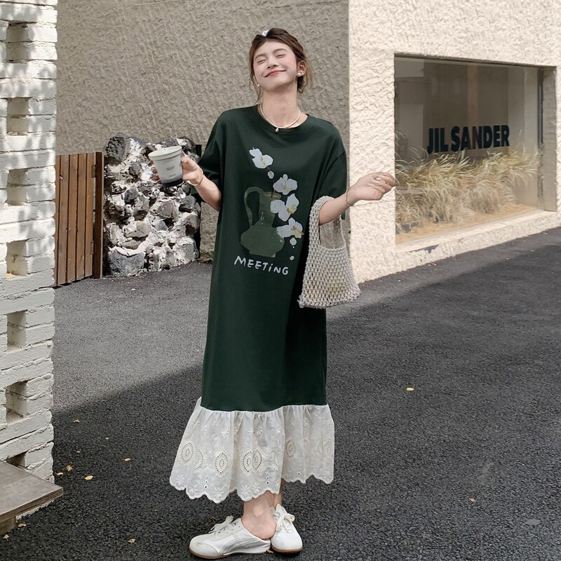 洋气减龄拼接短袖连衣裙女2025夏季新款韩版宽松甜美中长款T恤裙,女装连衣裙,2C113