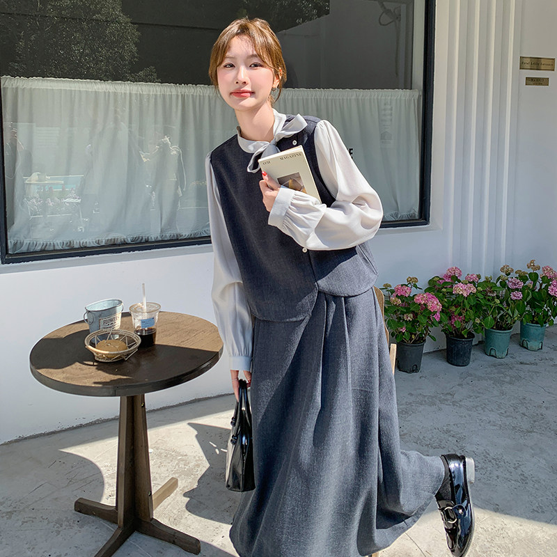 轻熟风韩系假两件拼接上衣女春季新款小个子气质显瘦半身裙两件套,女装套装/套裙,2C203