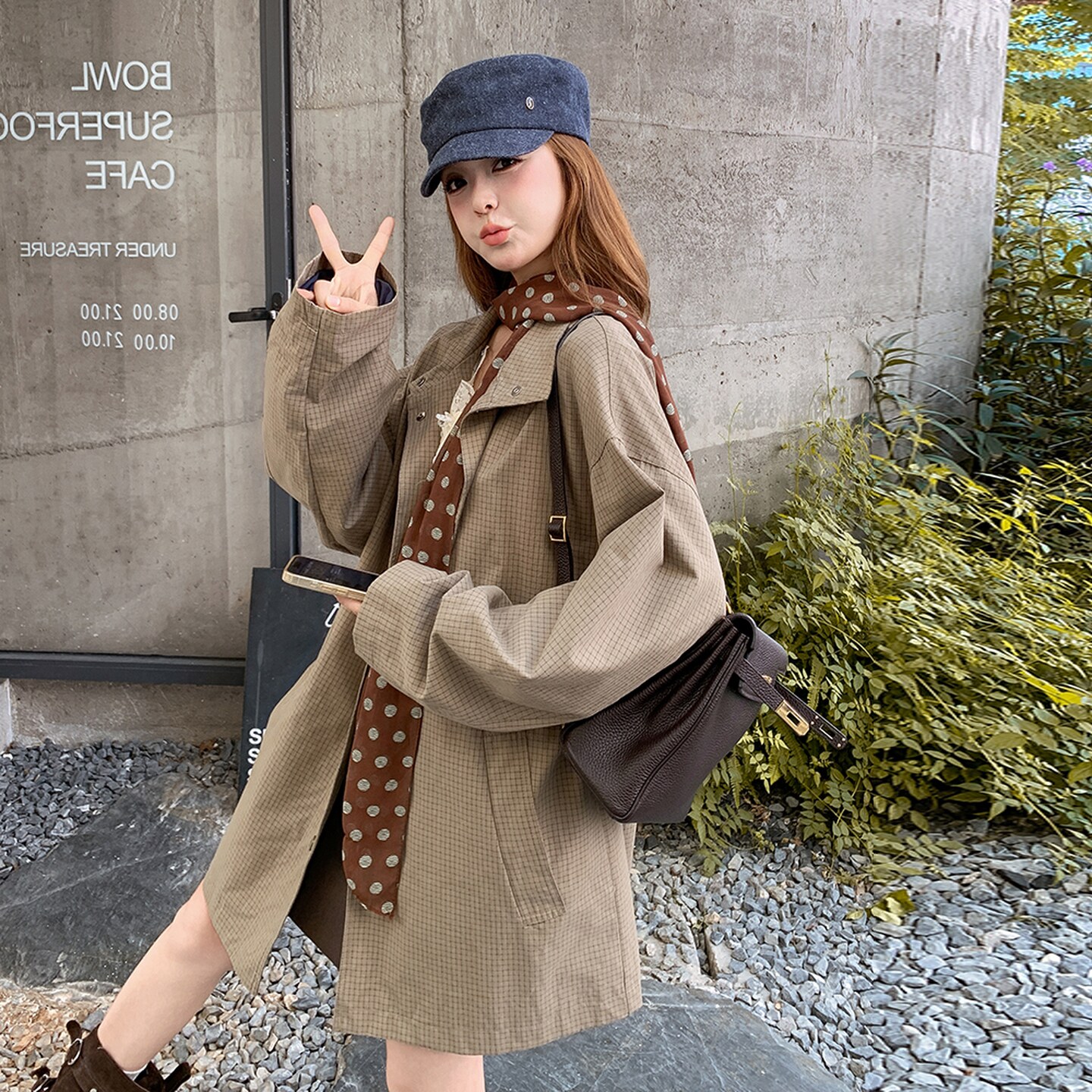 咖色复古格子风衣外套女2025秋季新款韩版小个子宽松显瘦休闲大衣,女装风衣,2C307