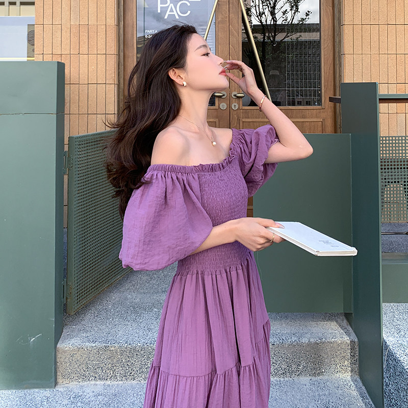 紫色泡泡袖方领连衣裙女2025夏季新款法式复古气质绝美别致长裙潮,女装连衣裙,2C122