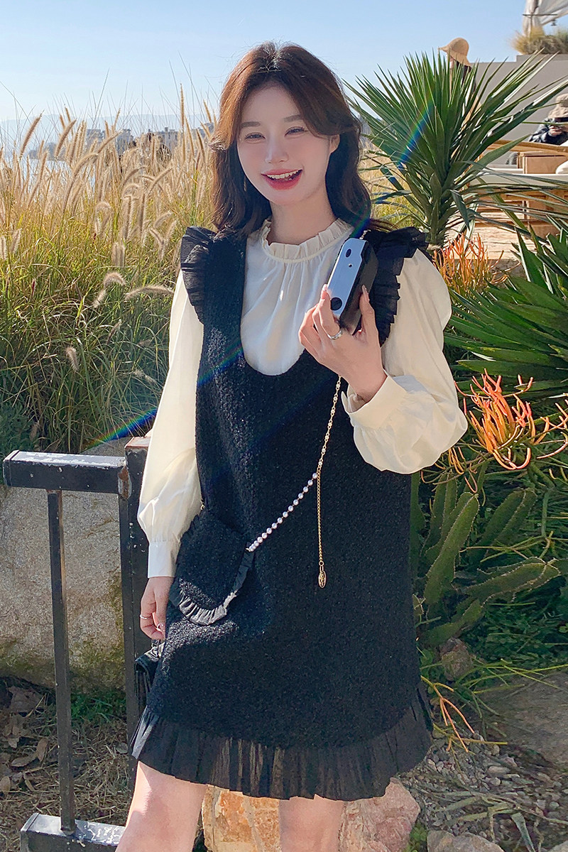 粗花呢木耳边法式气质女2025宽松春秋现货两件套感背心裙长袖,女装套装/套裙,2C166