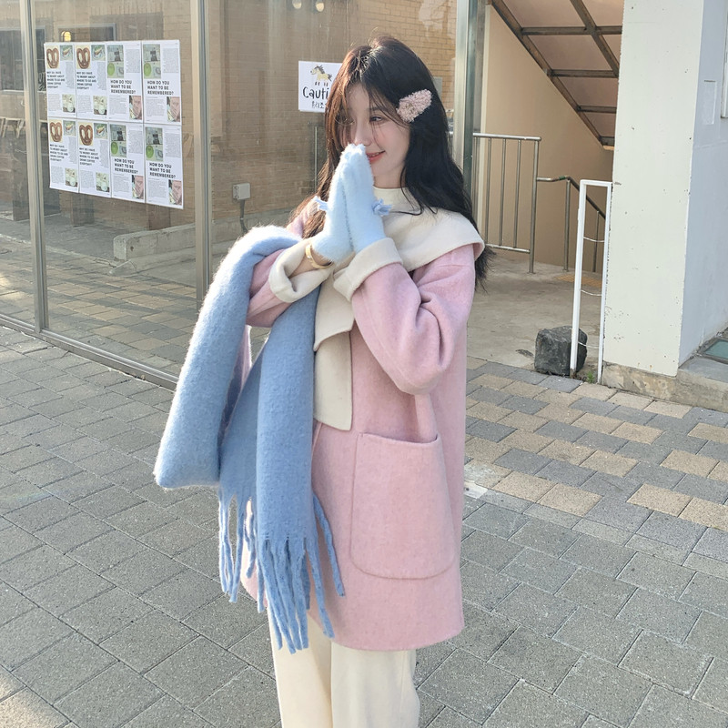 减龄甜美粉色双面呢羊毛外套女秋冬2025新款巨好看爆款多巴胺大衣,女装羊绒大衣,2C056