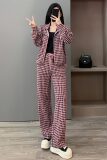 粉色千鸟格休闲运动套装女秋新款纯色立领长袖上衣直筒长裤两件套，女装套装/套裙，2C310