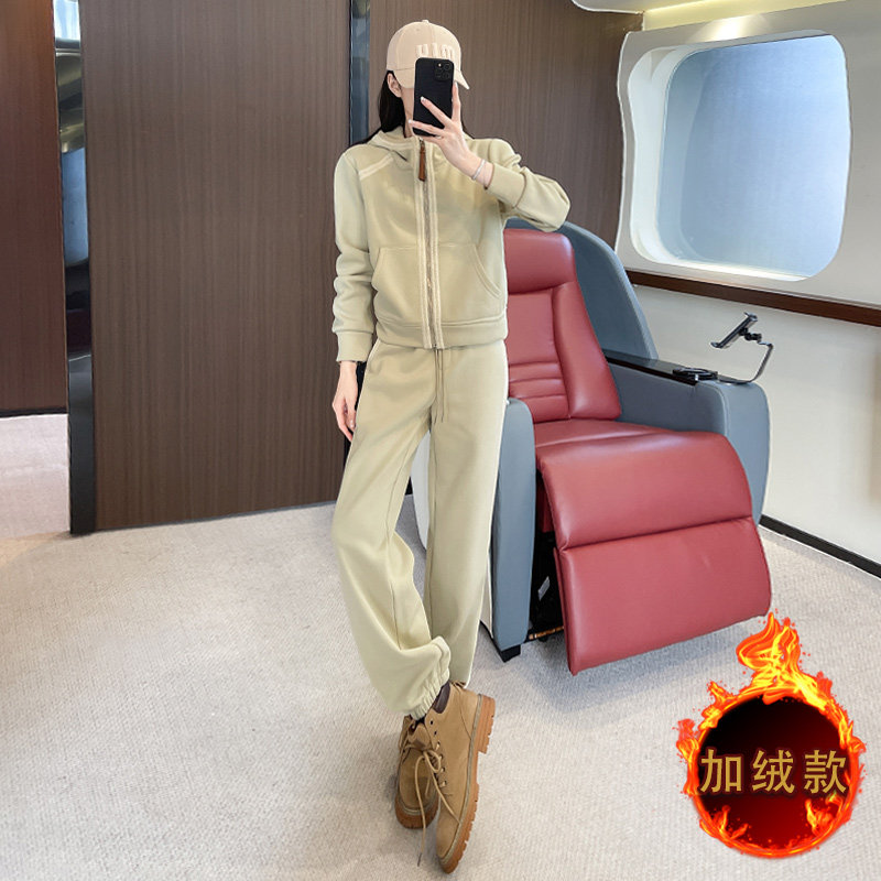 纯色织带拼接减龄卫衣外套长裤套装,女装套装/套裙,2C310