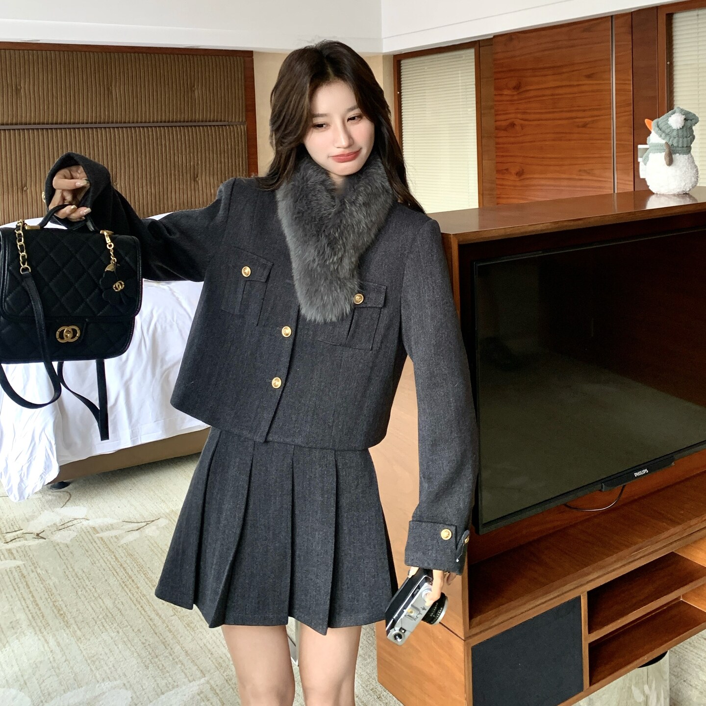 法式轻奢套装女冬季气质减龄小香风羽绒内胆加厚外套百褶裙两件套,女装套装/套裙,2C166