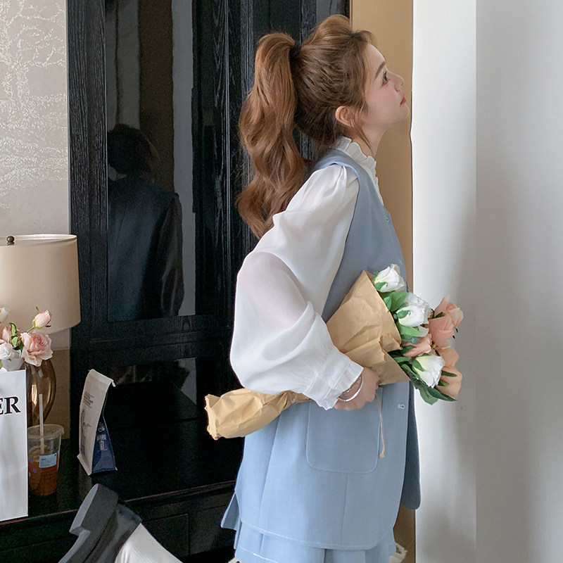 蓝色学院风减龄马甲百褶裙套装女2025春秋新款韩版显瘦短裙两件套,女装套装/套裙,2D035
