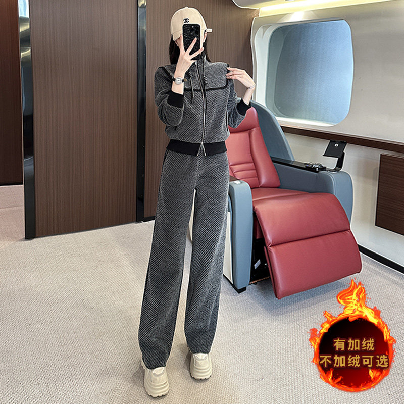 加绒开衫阔腿裤秋冬休闲加绒两件套,女装套装/套裙,2C310