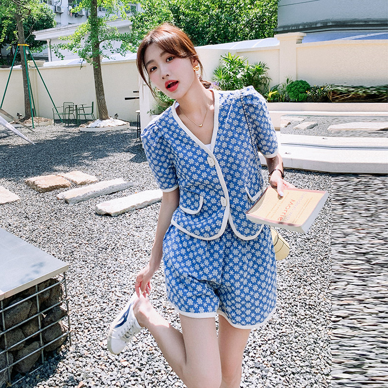 【现货】蓝色刺绣小香风套装短袖上衣阔腿裤两件套2058P120控178,女装套装/套裙,2C166